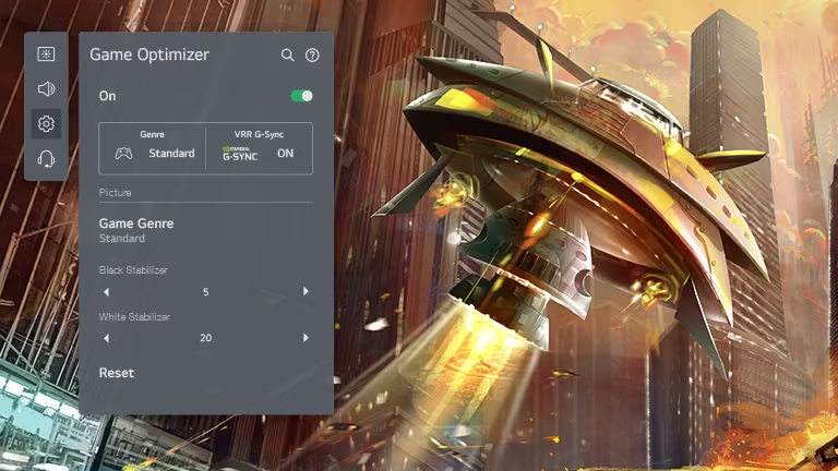 Ecranul TV, care arata o nava spatiala in oras, in stanga este interfata grafica cu utilizatorul optimizatorului de joc LG OLED, care ajusteaza setarile jocului.